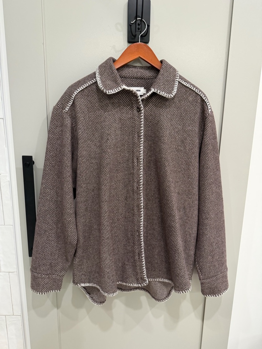 Still Here Wool Textured Brown Button-Front Shacket with Contrast Trim